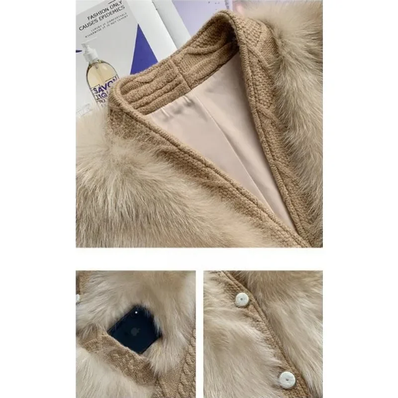 Elegant Women Faux Fur Coat Autumn Winter Female Imitation Fox Fur Patchwork Knitting Sweater Design Sense Loose Casual Outwear