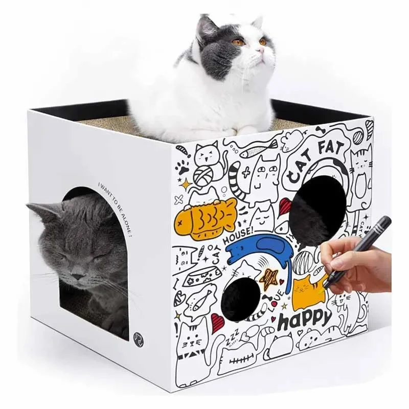 

Cat House Scratcher Board Cardboard Double Layer Corrugated Paper Wear-resisting Cat Condo Folding Pets House with Scratch Pads