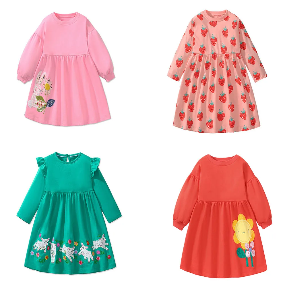 Jumping Meters 2-7T Herbst Winter Langarm Prinzessin Mädchen Kleider Stickerei oder bedruckt Baby Party Kleidung Pullover Kleid