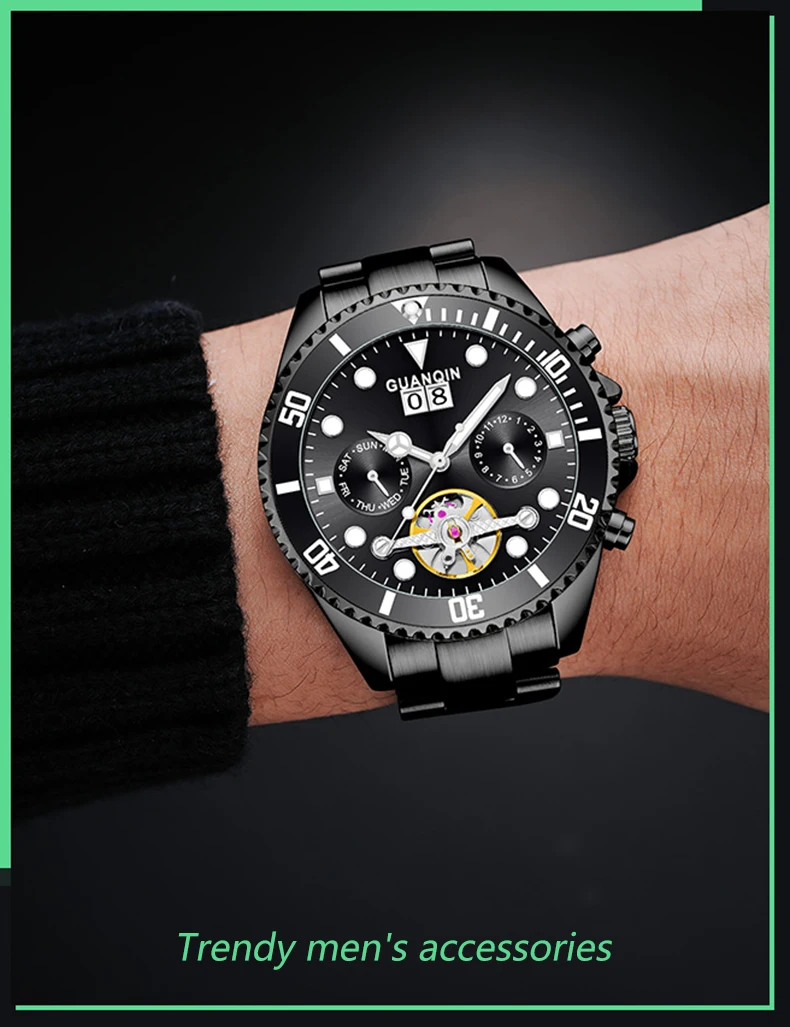 GUANQIN Orologio meccanico automatico originale da uomo, 42 mm, quadrante grande, scheletro, data, settimana, orologi da polso da uomo di lusso di alta marca_voghion.com