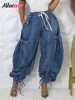 Mlaiscsr Fashion Women Lantern Harem Jeans Drawstring Bandage Loose Blue Straight Wide Leg Denim Pants Streetwear Trousers y2k 1