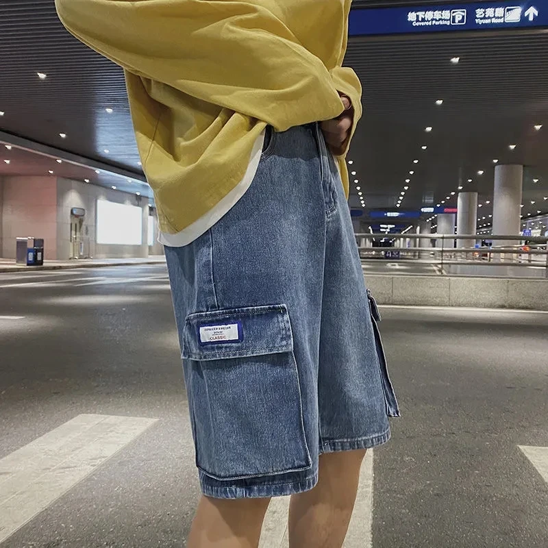 New Summer American Thin Denim Shorts Fashionable Men's High Quality Loose Straight Leg Travel Shopping Retro Large Pocket Jeans