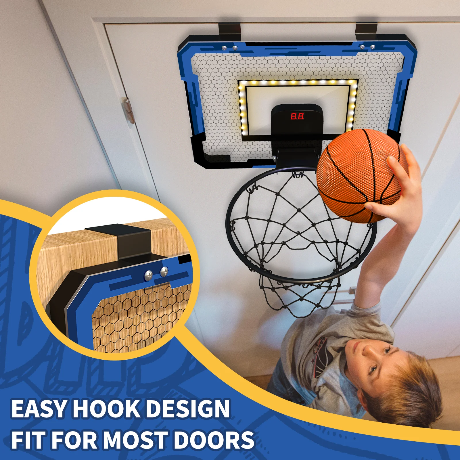 QDRAGON Indoor Basketball Hoop for Kids Door Room Basketball Hoop With LED Lights Basketball Toys for 3 4 5+Year Old Boys Girls 4