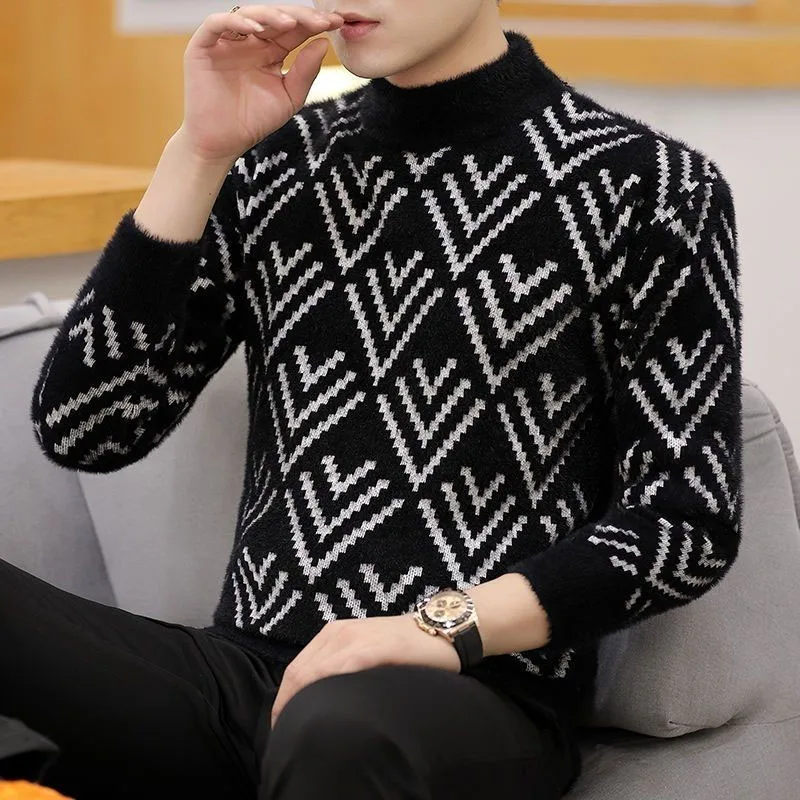 2023 New Autumn and Winter Fashion Sweater Half High Neck High End Thickened Mink Knitted Casual Versatile Striped Youth Top