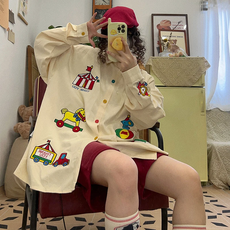 Homemade Cute Horse Mouse Embroidery Vintage Long Sleeve Shirts Autumn and Winter New Loose women