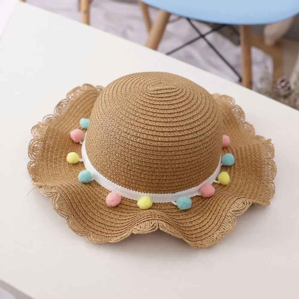 Portable Kids Pompom Ball Sun Protection Summer Straw Woven Bucket Cap