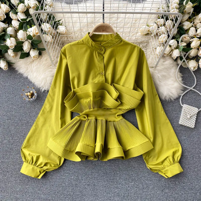 

O Neck Puff Long Sleeve Slim Blouse Women Ruffles Patchwork Work Style OL Solid Blusas Spring 2023 New Slim Waist Shirt Top