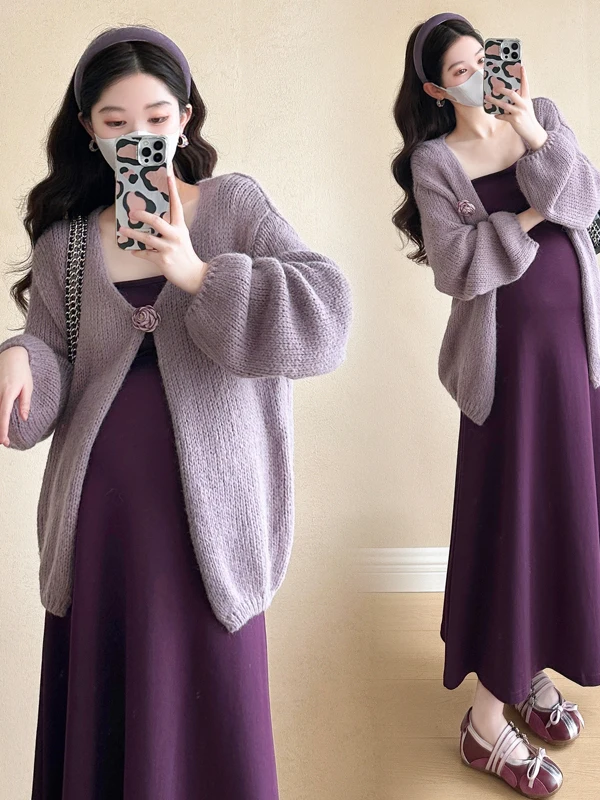 임산부용 봄 긴팔 오픈 가디건 상의 봄 스트랩 드레스 봄 가을 투피스 세트 드레스 캐주얼 코튼 니트
