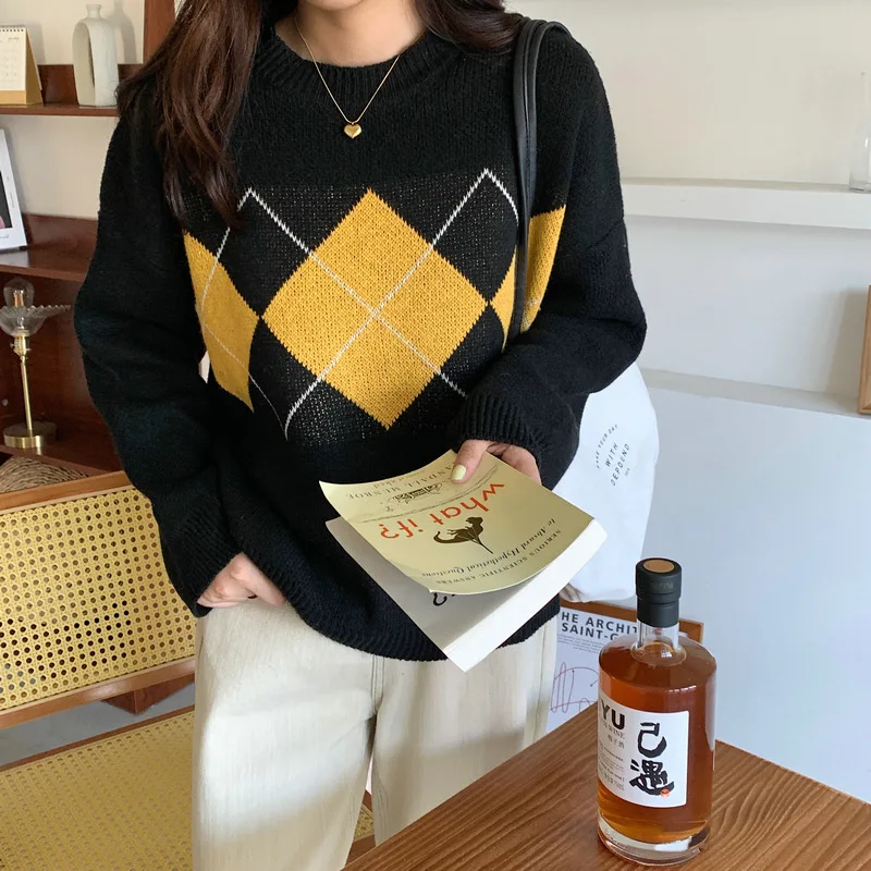 Women Autumn Plaid Knitted Sweater