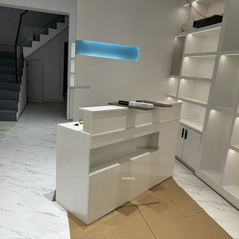 Nordic Cream Reception Desks Modern Office Furniture Wooden Supermarket Cashier Bar Simple Small Beauty Salon Reception Counter