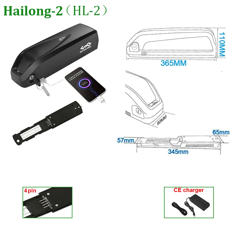 4Pin Hailong Ebike Battery 21700 36V 48V 13Ah 15Ah 20Ah Electric Bicycle 18650 21700 Lithium Pack for1500W 1000W 750W 500W 350W