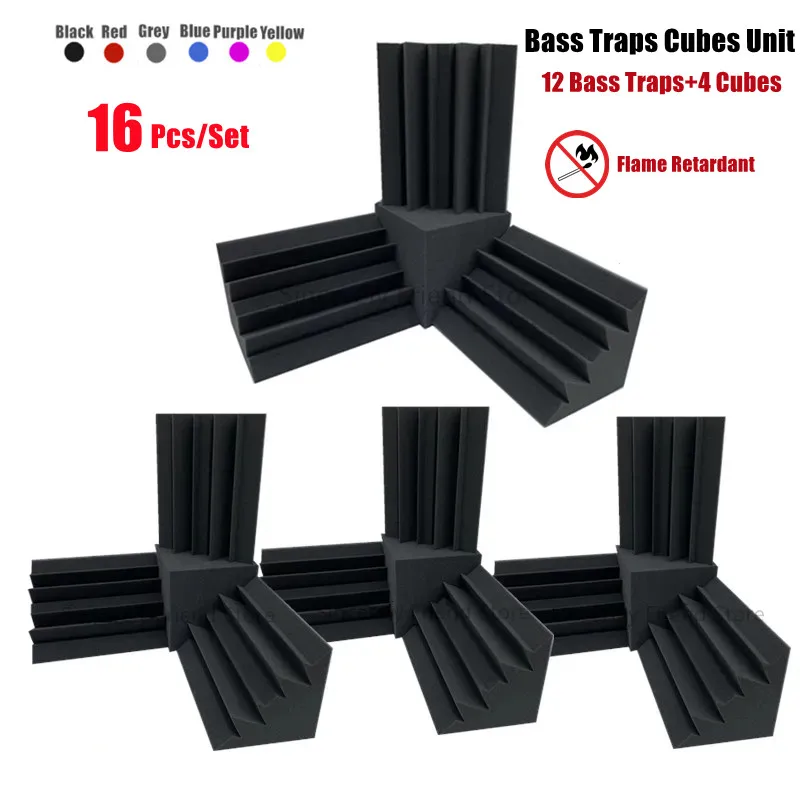 16Pcs Acoustic Foam 12Pcs 12x12x24cm Bass Traps + 4Pcs 15x15x15cm Cubes Combination Flame Retardant Corner Panels soundproof foam