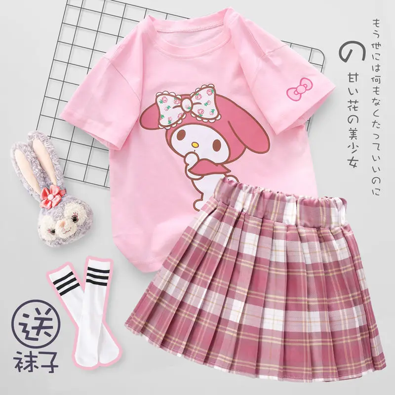 Vestido de quimono Sanrio Hello Kitty, roupa infantil kawaii, manga curta,  desenho animado bonito, camiseta estampada em arco, saia para menina, verão