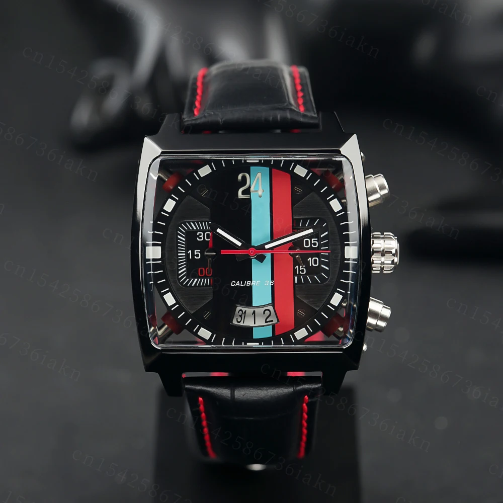 2022Fashion New Men's Color Bar Square Dial Sapphire Mirror Stainless Steel Leather Strap Sports Leisure Waterproof Quartz Watch