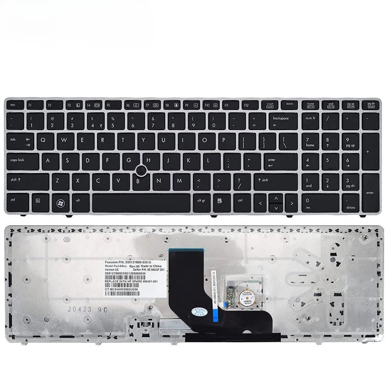 Сменная Клавиатура для ноутбука HP Elitebook 8560P 8570P, Probook 6560B 6570B Series, серебристая, черная рамка с расположением указателя США