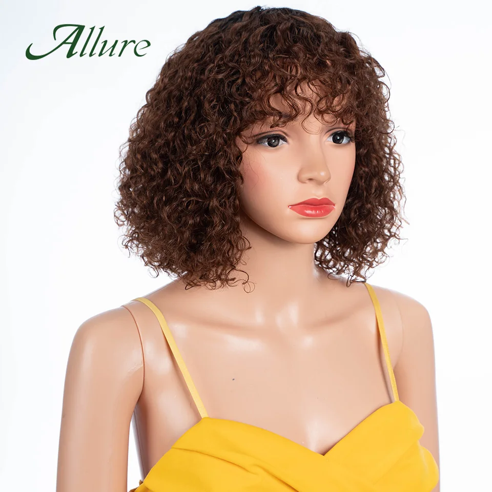 

Jerry Curly Human Hair Wigs For Black Women Brazilian Water Curly Hair Wig With Bangs Brown Color Hair Short Bob Wig Allure