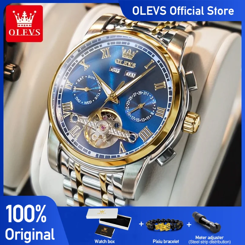 OLEVS Men's Watches Automatic Mechanical Business Wristwatch Waterproof Stainless Steel Strap Watch for Man Skeleton Calendar