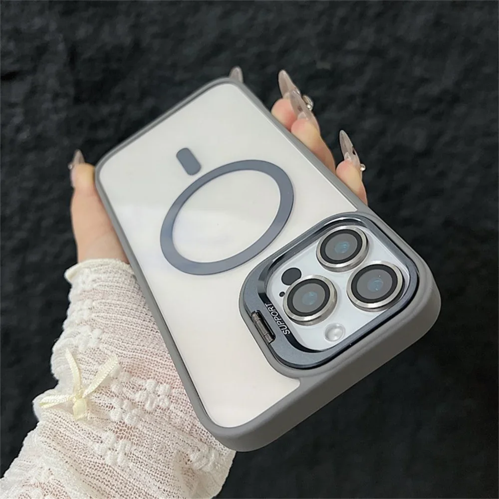 Luxury Magnetic Shockproof Phone Case with Stand and Glass Lens Protector Cover