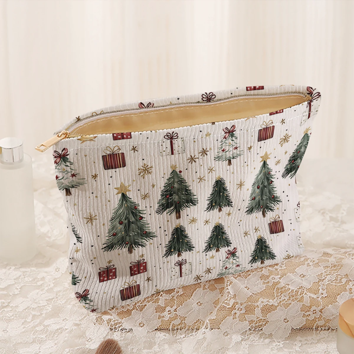 1 Christmas themed corduroy makeup bag, lightweight zipper makeup storage box, multifunctional bag with lining