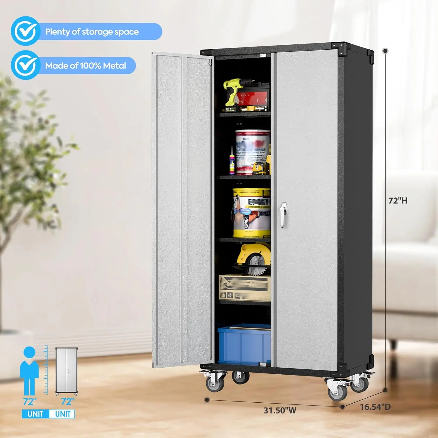 Garage Storage Cabinet with Wheels,72" Metal Storage Cabinet with 2 Doors and 4 Adjustable Shelves, Lockable Rolling Cabinet 3