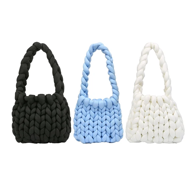 Chunky padded velvet yarn knitted handmade tote bag