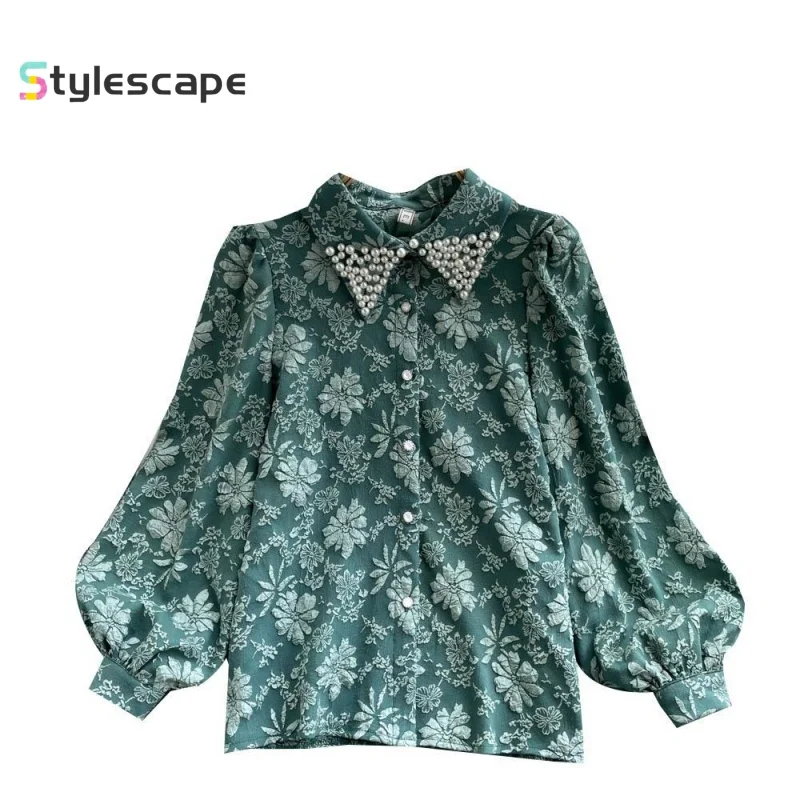 

French Retro Jacquard Socialite Temperament Studded Polo Collar Shirt Female Design Sense Niche Loose Bubble Sleeve Top Shirt