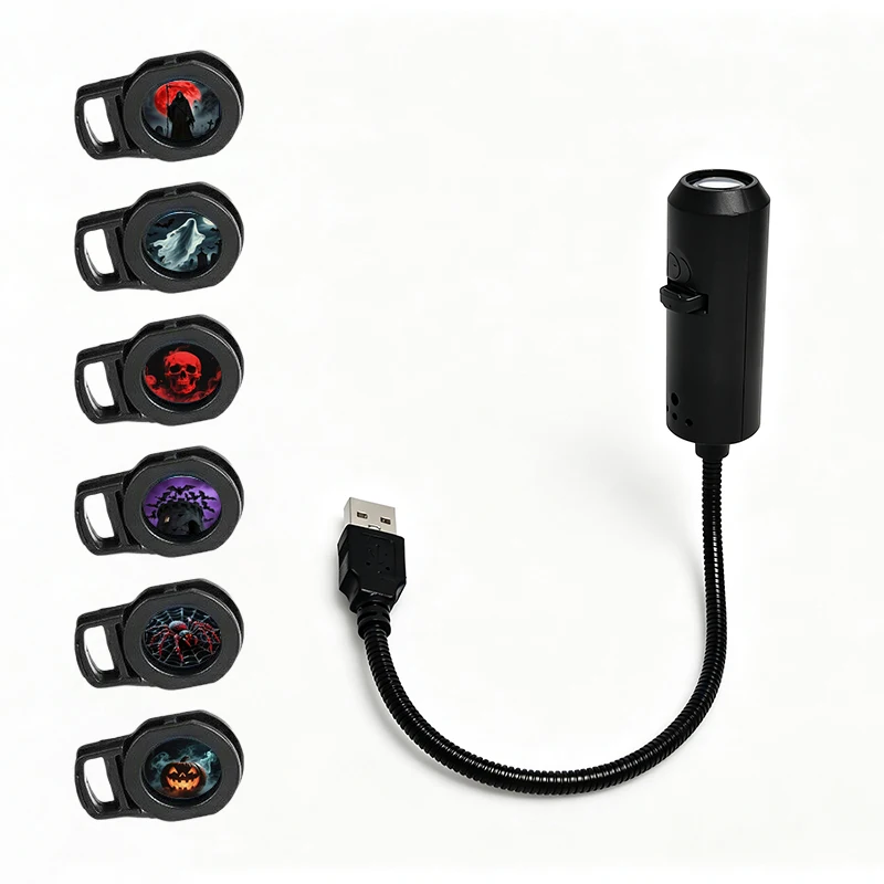 Halloween Decor Projector Lamp USB Powered LED Projection Light with Interchangeable Pattern Slides Adjustable Gooseneck Ambient