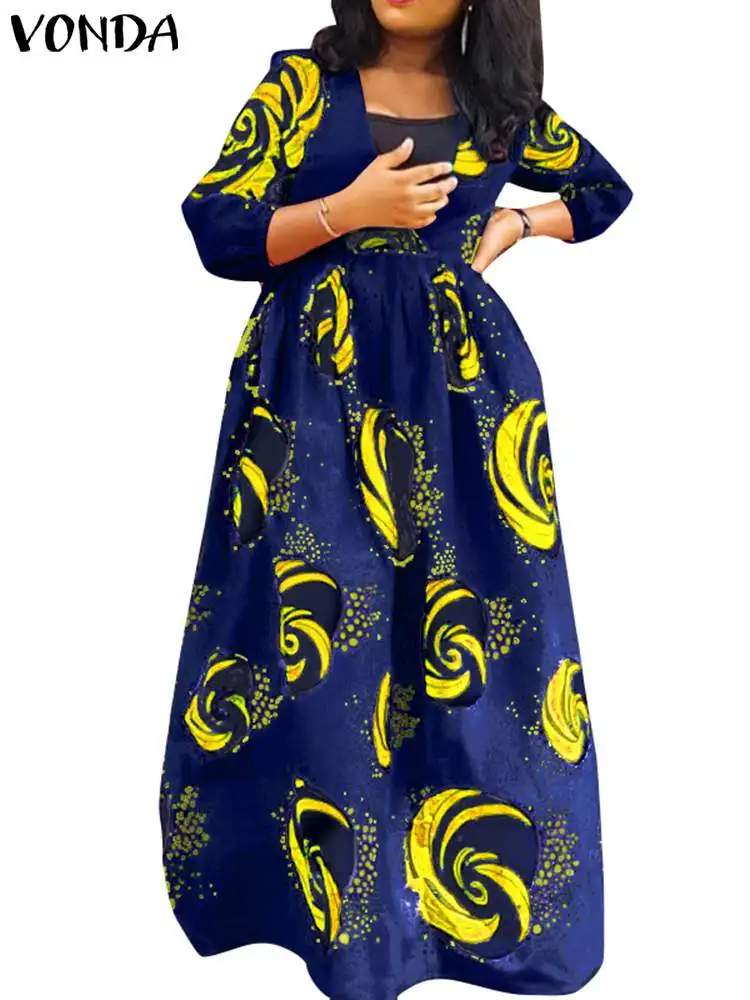 

VONDA Summer Maxi Long Dress 2024 Women Bohemian Sundress Sexy V Neck Printed Vestidos 3/4 Sleeve Casual Party Robe