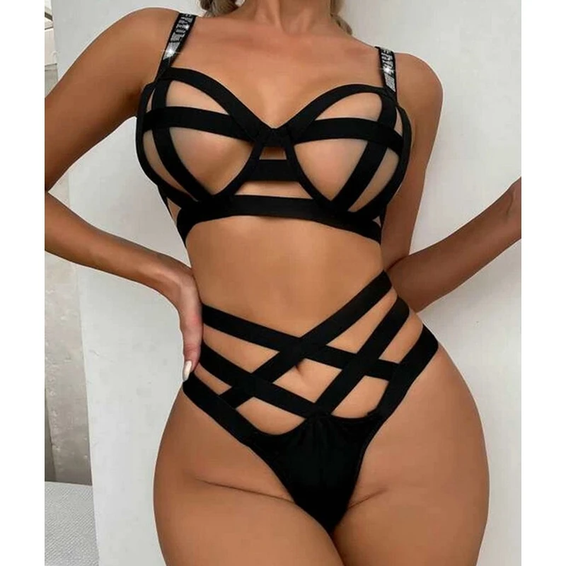 

Women Sexy Black Solid Color Sissy Clothing Suit Underwear Lingerie Summer Rhinestone Decor Crisscross Cutout Lingerie Set