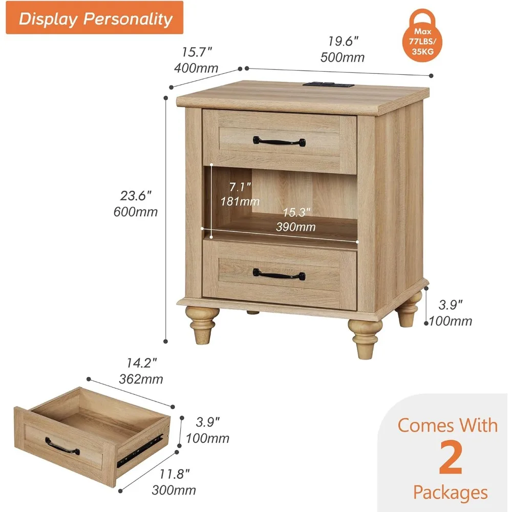 Set of 2 Nightstands with Drawers & Charging Station, 2 Pack with Solid Wood Feet, Nightstands 2