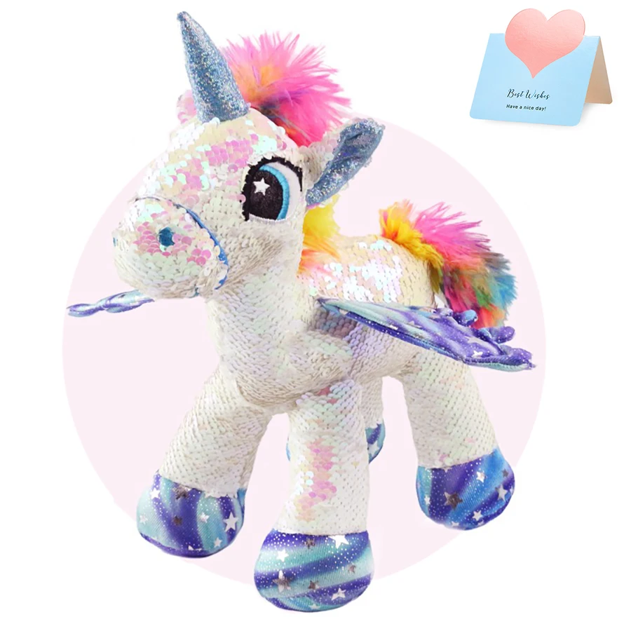 Rainbow Sequin Unicorn Stuffed Animals Glitter Cute White Winged Horse Doll Birthday Gifts Sparkle Animals for Girls Children 5 pcs cartoon flocked bear neacklace cool plush mini doll pendant necklace colorful sequin ins style necklace