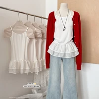 Haut Camisole blanc pour femmes, avec jupe Double couche à volants, débardeur sans manches, épissure amincissante, gilet de Base sans bretelles 2