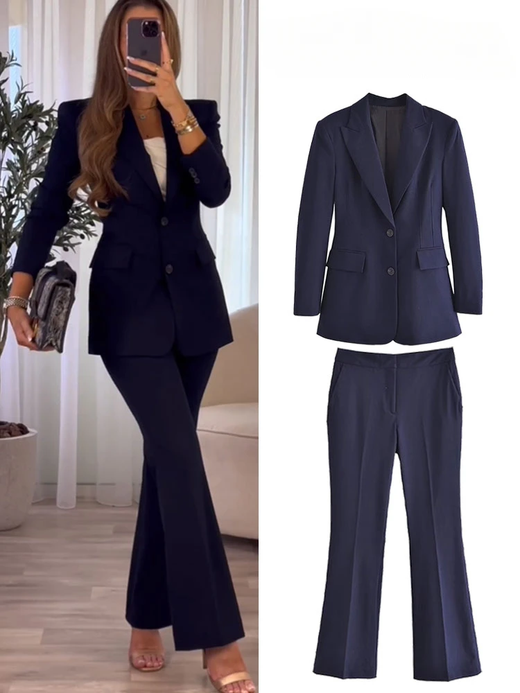 

Костюмы женские из двух предметов, однобортный смокинг для свадебной вечеринки с пиковым отложным воротником, деловой офисный брючный комплект, темно-синий, лето