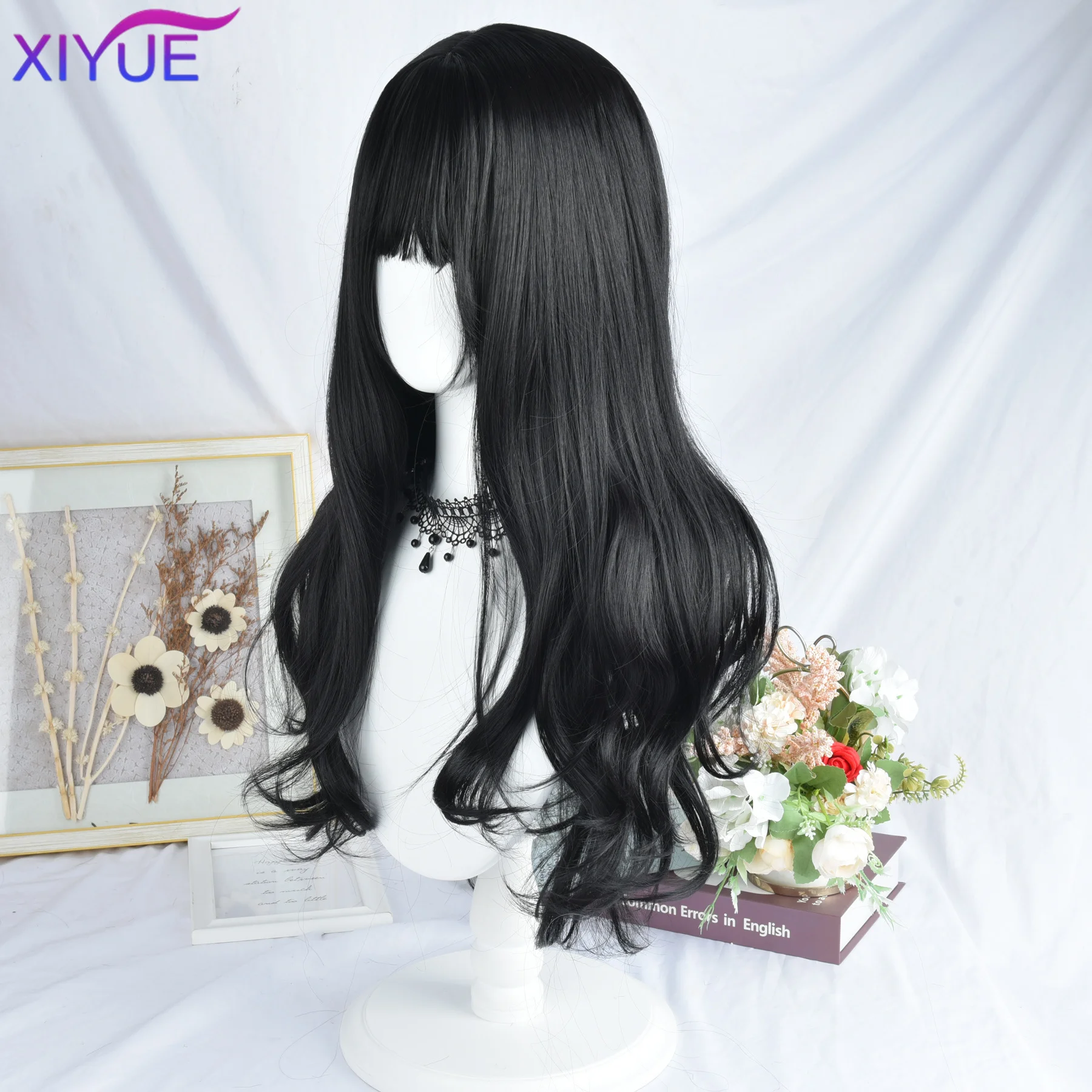 XIYUE Lolita Black Wig for Women Long Wavy Hair 65cm Curly Wig with Bangs Cosplay Headband Wigs Synthetic Wigs for Daily Use