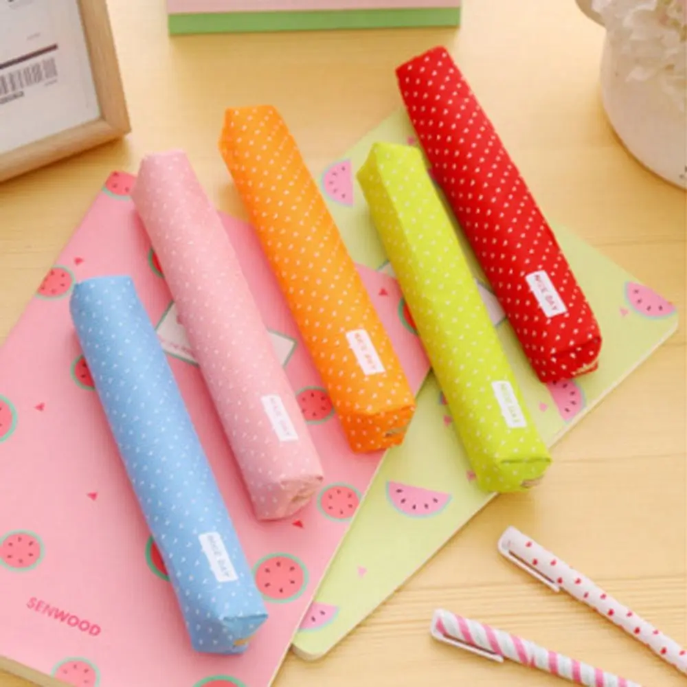 

Long Strip Pencil Case Stationery Organizer Candy Color Strip Shape Pencil Bag Simple Dots Canvas Pens Storage Bag Girls