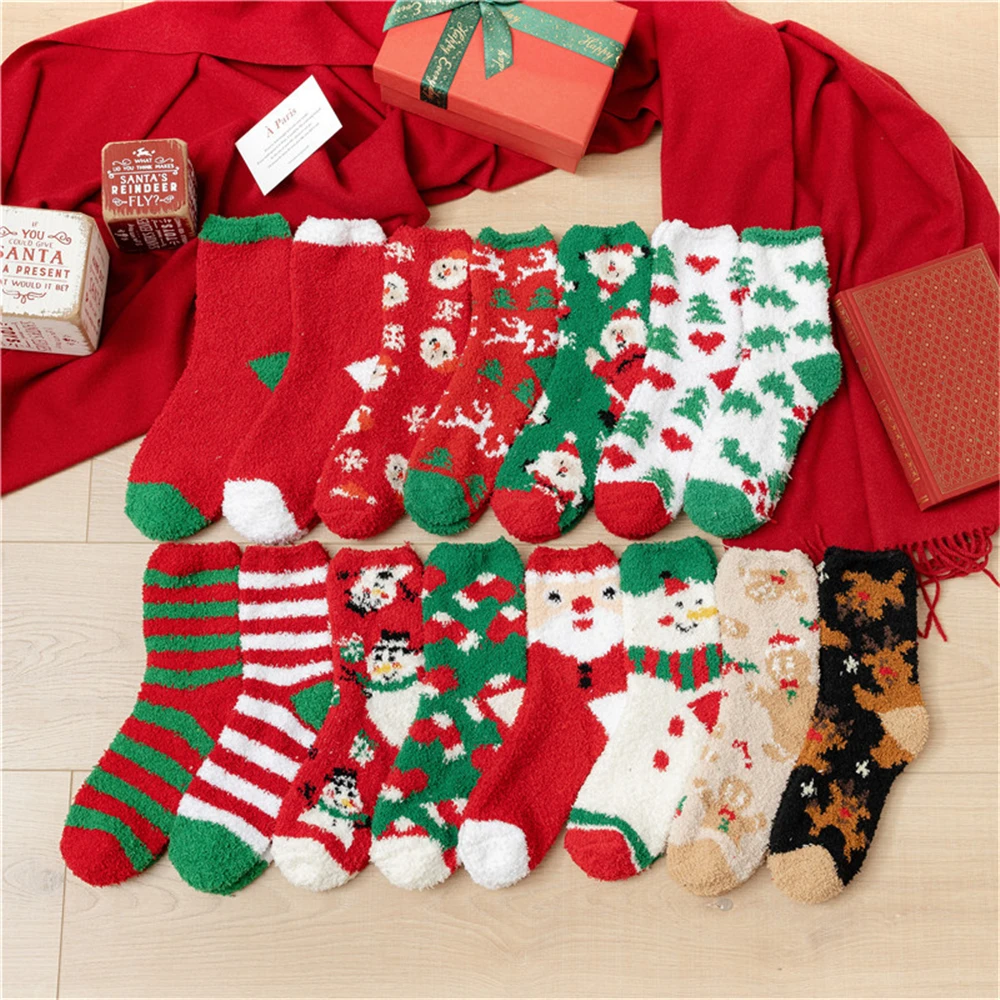 Christmas Socks Thickening Women's Socks Winter Warm Cartoon Coral Velvet Gift New Year Christmas Stockings 1 Pair christmas stockings