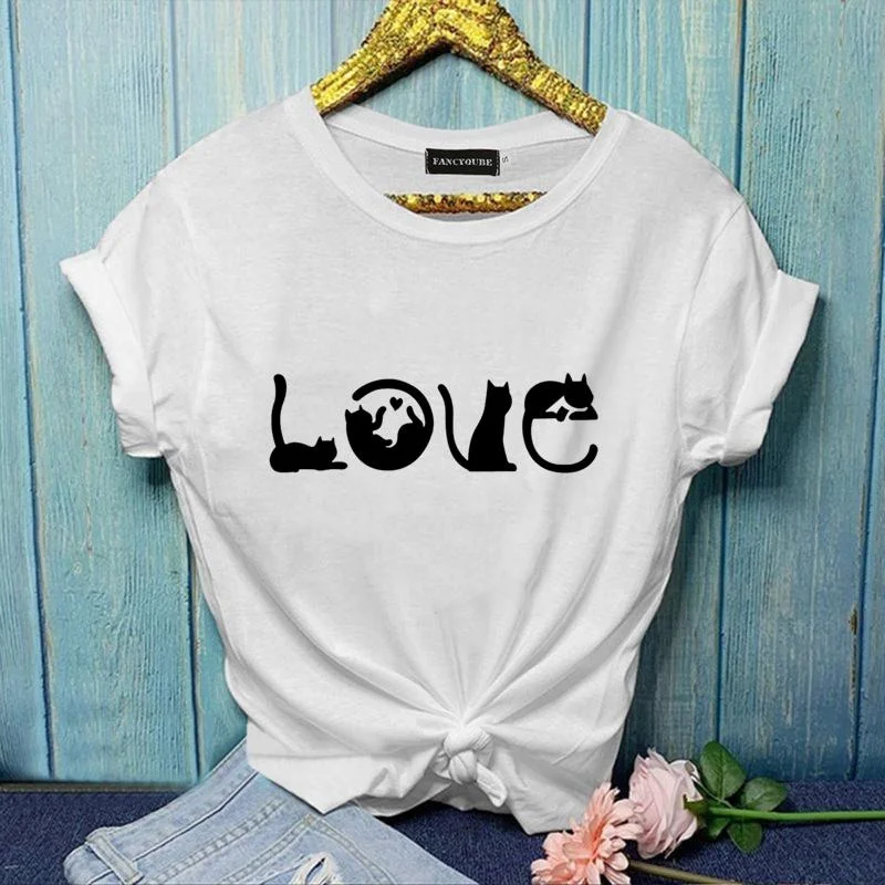 

Funny LOVE Cat Graphic Printed T-Shirt Women's Fashion Cat Shirt Cat Lovers Casual T-Shirt Shirt