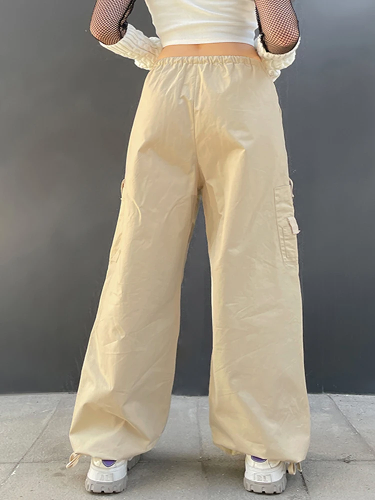 Weekeep Light Khaki Cargo Pants Streetwear 100% Cotton Big Pocket Patchwork Casual Pants Drawstring Low Waist Baggy Trouser Lady