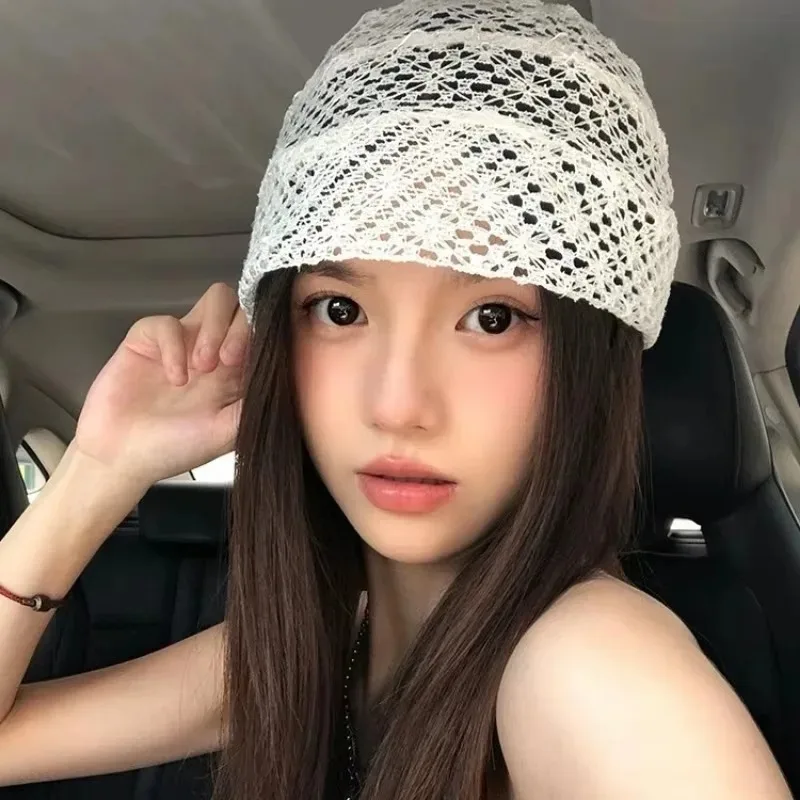 Niche Literary Hollow Bowknot Cold Cap Women Knitted Hats Girls Lace Y2K  Skull Cap Versatile Elastic Crocheted Beanie Hats 5