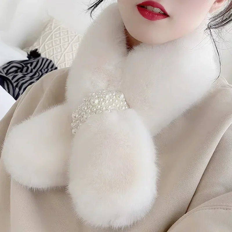 New Womens Winter Scarf Artificial Plush Pearl Thick Warm Cross Three-dimensional Hat Female
