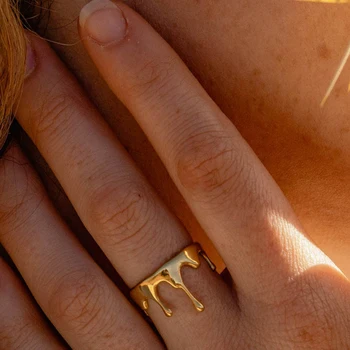 Vintage Gold Color Metal Lava Dripping Rings for Women Creative Irregular Stainless Steel Ring Finger Jewelry Waterproof