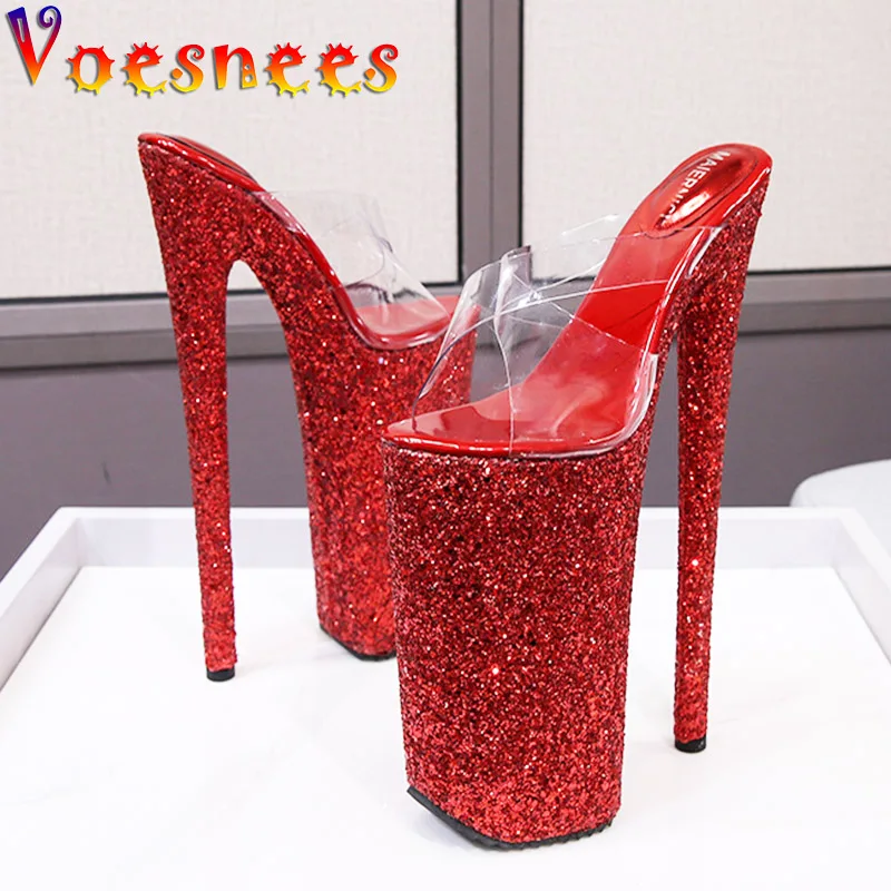 

Summer Ladies Nightclub Thin High Heels Shoes Hot Red Sequins Model Sandals Non-slip Platform Sexy 10 Inch Transparent Slippers