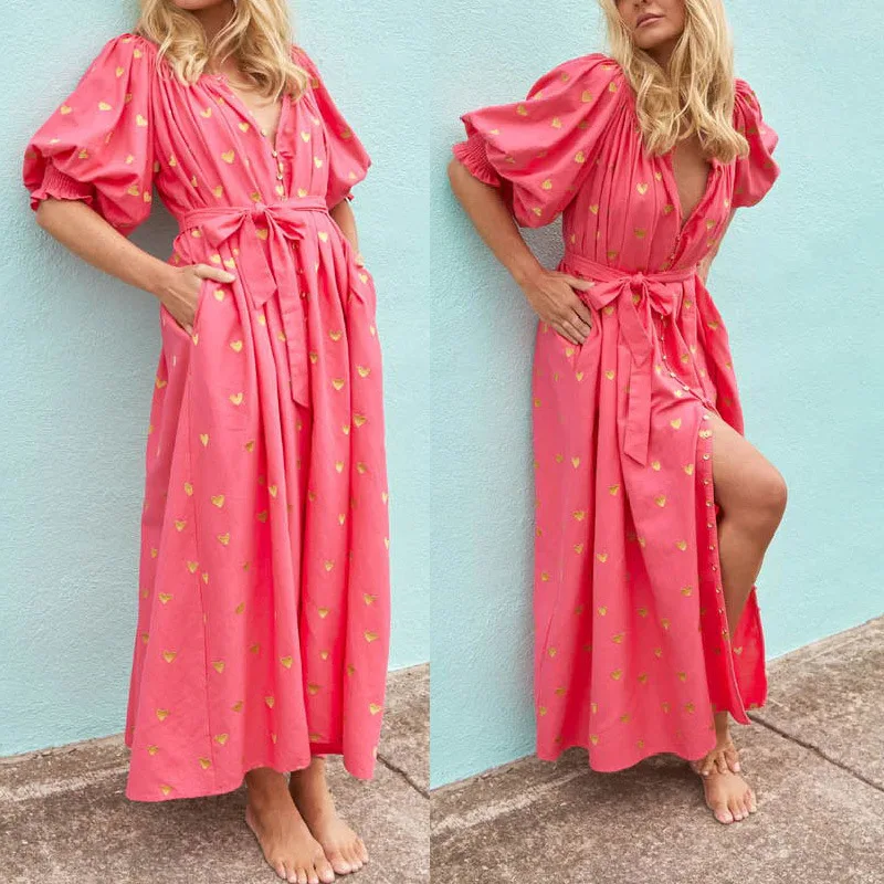 

2024 New Summer Large Size Loose Printed Cardigan Short Sleeve Long Skirt Dress Vestidos De Mujer