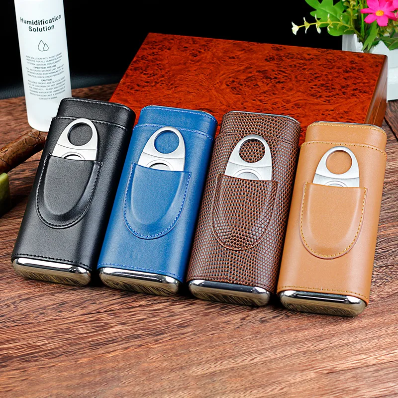 

Portable Cigar Case with Stainless Steel Print, Cigar Holster, Humidor Tube, Cutter Set, Handmade Leather