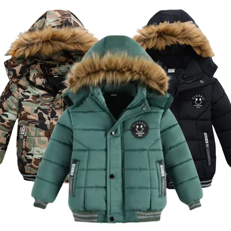 Outdoor Jacket For Boys Winter Hooded Zipper Outerwear Casual Baby Boys Velvet Thick Warm Coats Kids Clothing Fur Collar Parka kids jackets kids cotton clothes