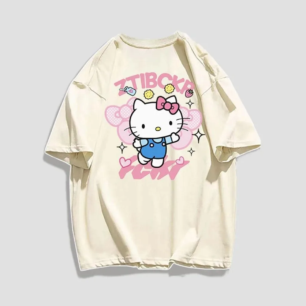 

Caricature Styles Children's Fashion Shirts Print Short Sleeve T-Shirts Family Parent-Child Clothing Hello Kitty Kid Tshirt Girl