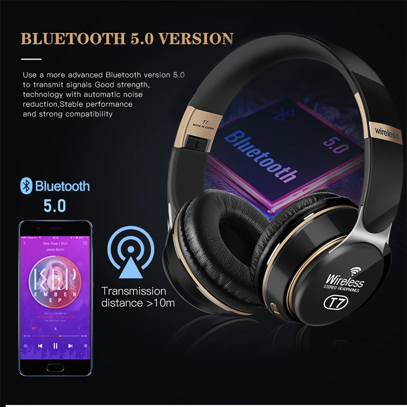 New T7 Wireless Bluetooth Headphones Over Ear HIFI Head