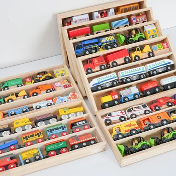 Toy Car Children's Wooden Box Small Train Combination Set Multi-Functional Scene Compatible Wooden Track Children's Gift PD74