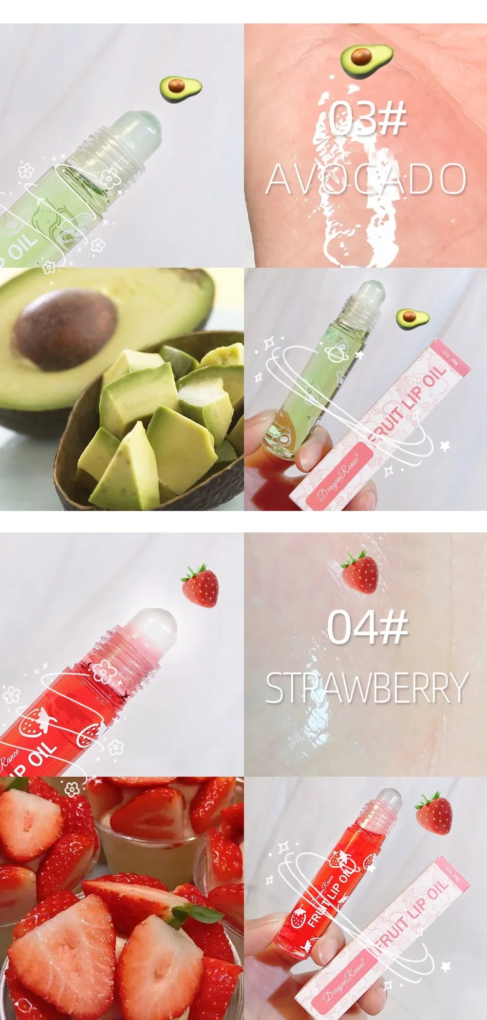 Description Picture 6 of item1PCS Lip Oil Moisturizing Lip Balm Moisturizing Ball Colorless Clear Fruit Avocado Peach Strawberry Grape Cherry Flavor
