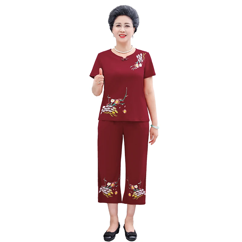

2022 2 Piece Sets Women Summer T-shirt and Pants Summer Two Piece Set Tops and Pants Middle-aged Print Casual Women